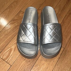 Womens silver and white super comfy beach slides by J/ SLIDES